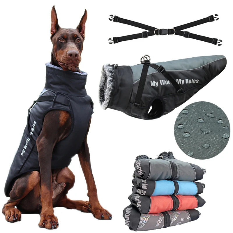 Large Dog Jacket Fur Collar Winter Dogs Clothes for Pet Waterproof Big Dog Coat with Removable Harness French Bulldog Pug Outfit