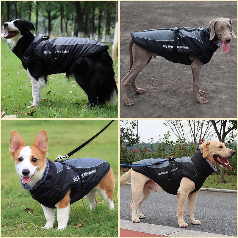 Large Dog Jacket Fur Collar Winter Dogs Clothes for Pet Waterproof Big Dog Coat with Removable Harness French Bulldog Pug Outfit