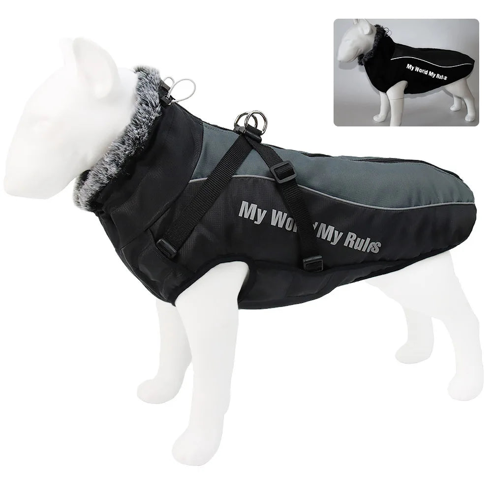 Large Dog Jacket Fur Collar Winter Dogs Clothes for Pet Waterproof Big Dog Coat with Removable Harness French Bulldog Pug Outfit