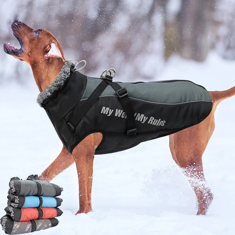 Large Dog Jacket Fur Collar Winter Dogs Clothes for Pet Waterproof Big Dog Coat with Removable Harness French Bulldog Pug Outfit