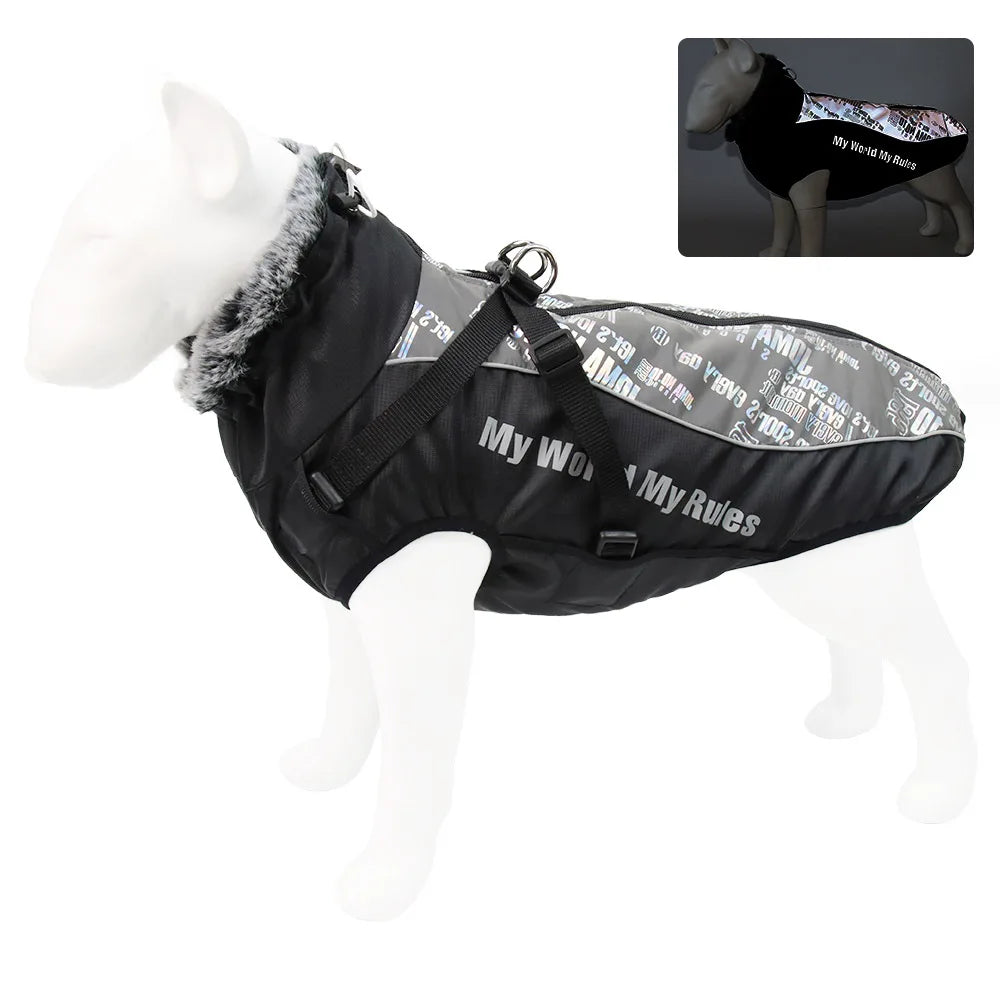 Large Dog Jacket Fur Collar Winter Dogs Clothes for Pet Waterproof Big Dog Coat with Removable Harness French Bulldog Pug Outfit