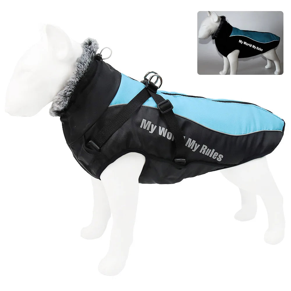 Large Dog Jacket Fur Collar Winter Dogs Clothes for Pet Waterproof Big Dog Coat with Removable Harness French Bulldog Pug Outfit